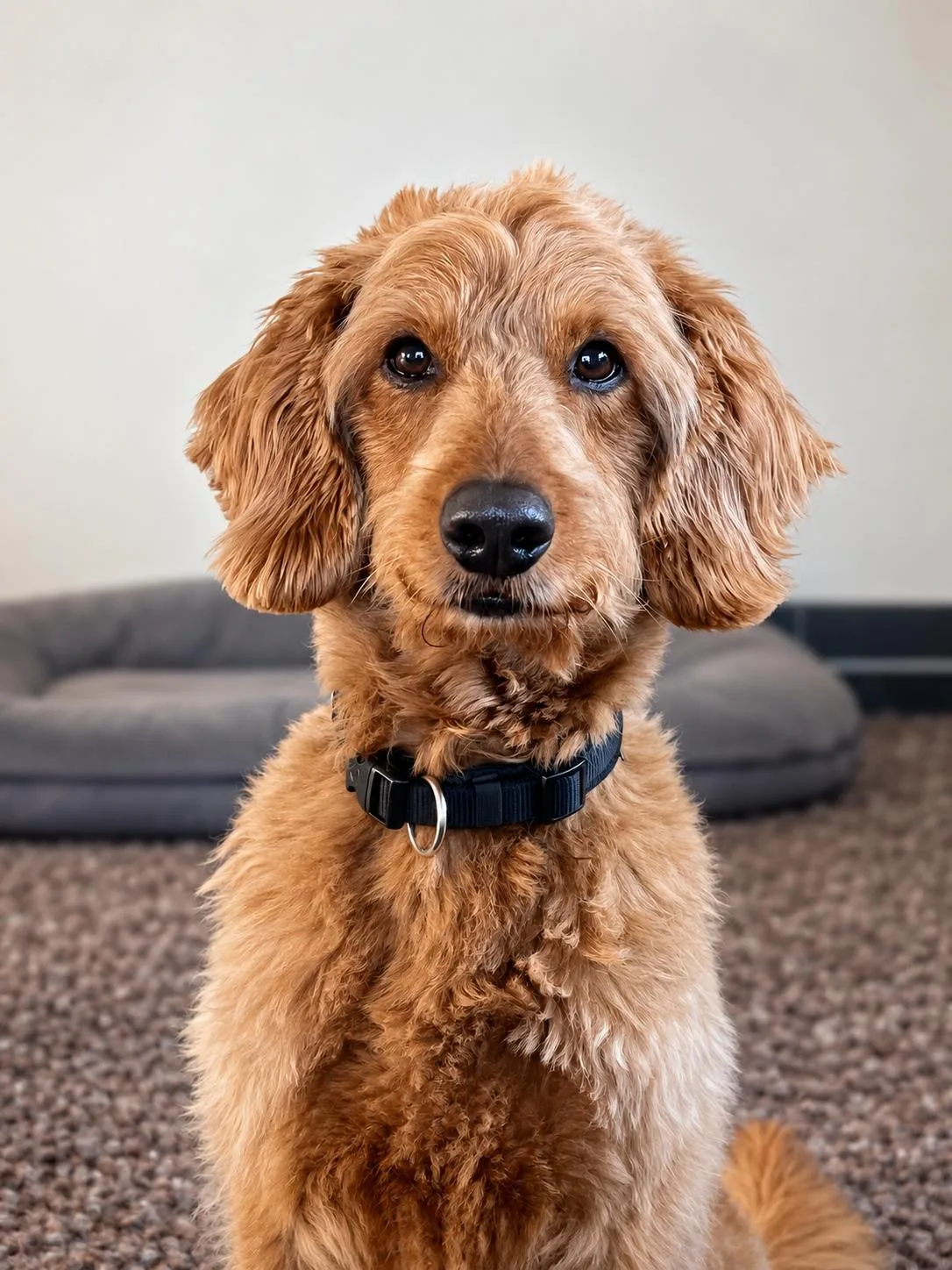 Therapiehund Goldie sitzt aufmerksam im Praxisraum vor seinem Hundebett
